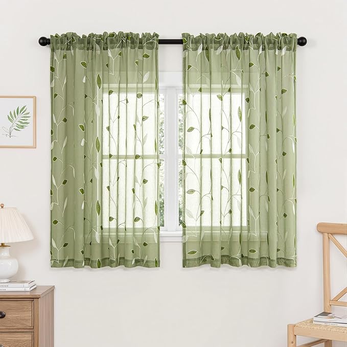 MIULEE Sage Green Sheer Curtains 2 Panels Leaf Patterned, W52 x L54 | by MIULEE