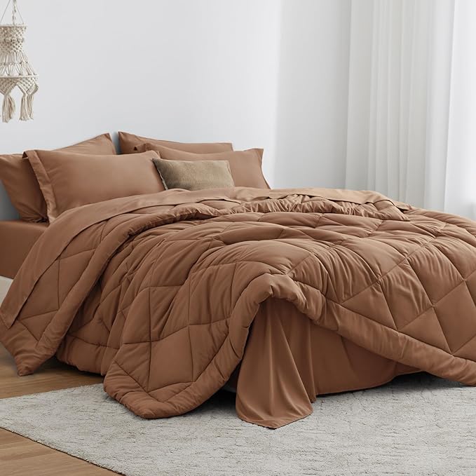 Love's cabin King Size Comforter Set Mocha Mousse, 7 Pieces King Bed in a Bag, All Season Bedding Sets with 1 Comforter, 1 Flat Sheet, 1 Fitted Sheet, 2 Pillowcase and 2 Pillow Sham