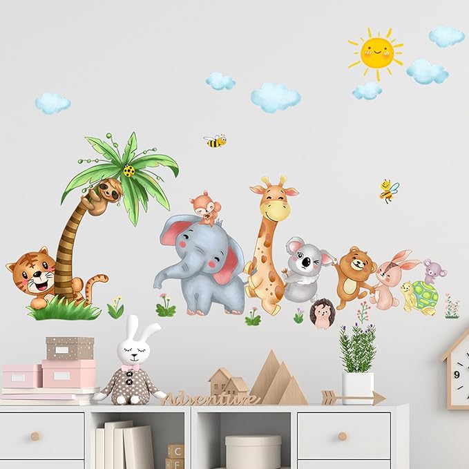 Jungle Animal Wall Stickers Forest Safari Wall Decals Kid Room Nursery Baby Bedroom Décor (Happy Queuing Animals)