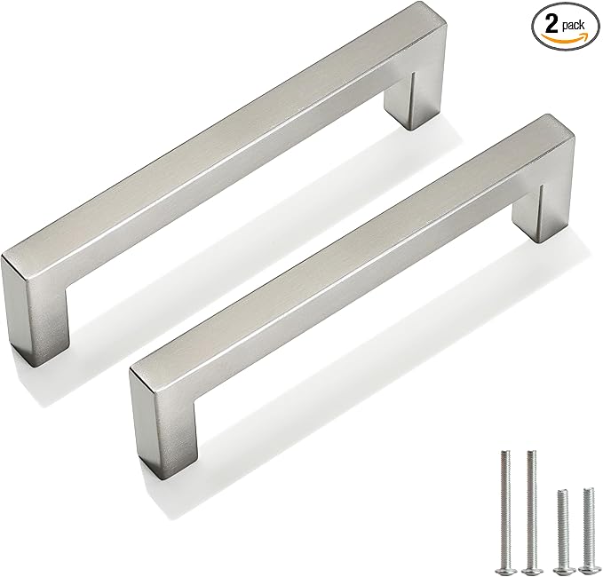 Cabinet Pulls Brushed Nickel Cabinet Handles Square Drawer Pulls, 2 Pack 5 Inch Stainless Steel Kitchen Door Cupboard Cabinet Handles, Cabinet Hardware Drawer Handles, 128mm Hole Centers