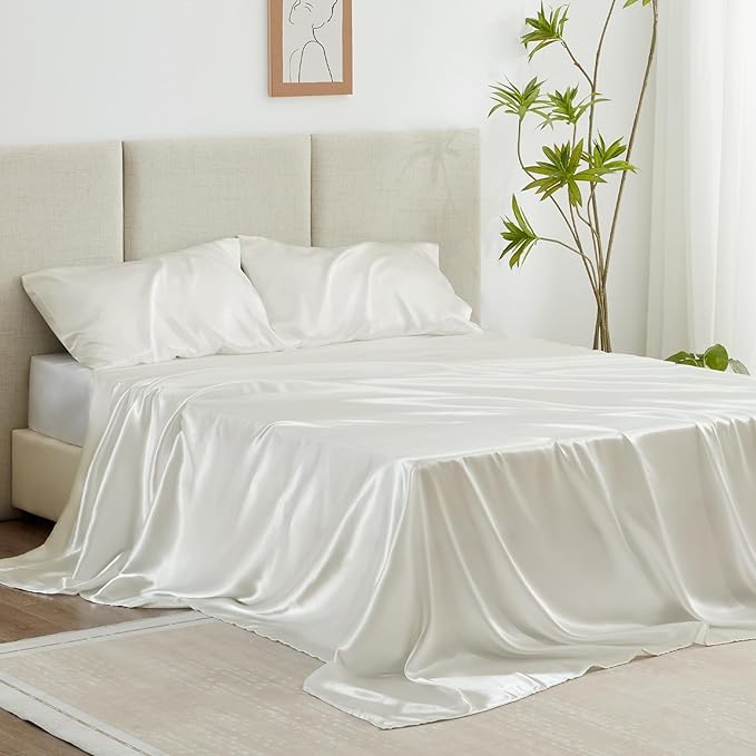 Love's cabin Full Size Satin Sheet Sets - 4 Piece Ivory Silky Sheet Set Full with Deep Pocket, Luxury Silk Feel Bed Sheets Full Bedding Set (1 Flat Sheet,1 Fitted Sheet,2 Pillow Cases)