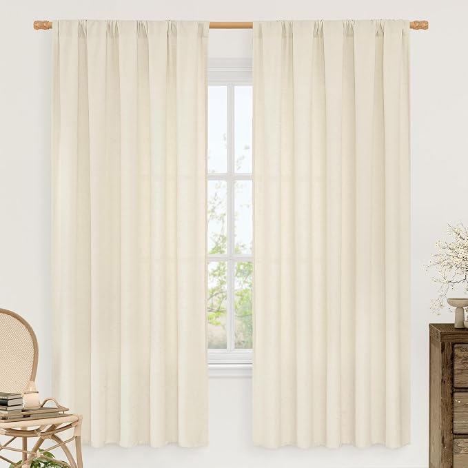 Linen Curtains 72 inches Long for Living Room, Light Beige, 2 Panels | Light by LAMIT