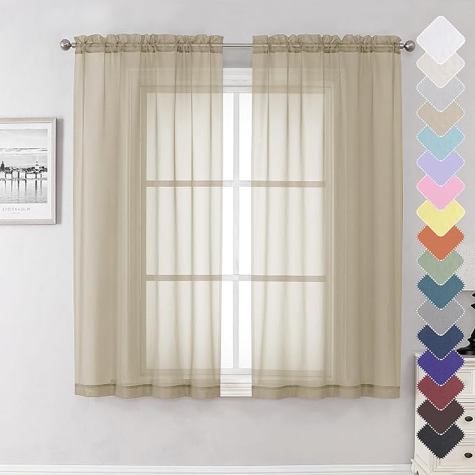 Taupe Sheer Curtains 63 Inch Length 2 Panels, Airy & Breathable Solid Voile Tan by Lecloud