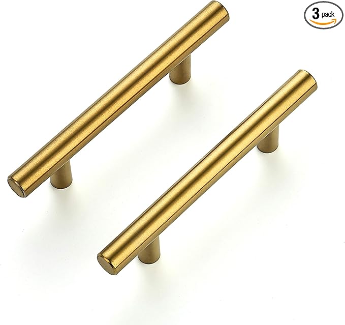 Ravinte 3 Pack 5 Inch Cabinet Pulls Brushed Brass Stainless Steel Kitchen Drawer Pulls Cabinet Handles 5”Length, 3” Hole Center