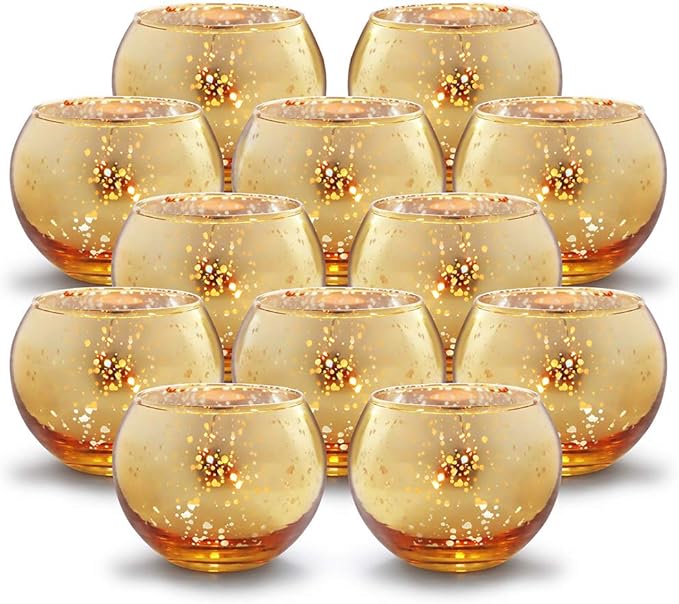 Volens Round Gold Votive Candle Holders, Mercury Glass Candle Holder Set of 12, Thanksgiving Decorations for Home