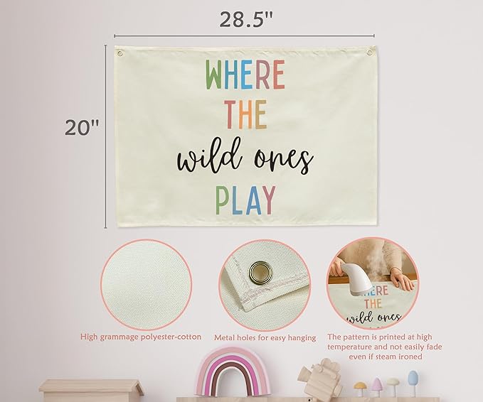 Playroom Rectangular Canvas Banner-Flag Wall Sign Decor for Kids Teen,Playroom Nursery Baby Room Bedroom Living Room Wall Decor-Where the Wild Ones Play-Baby Shower Birthday Christmas Gift