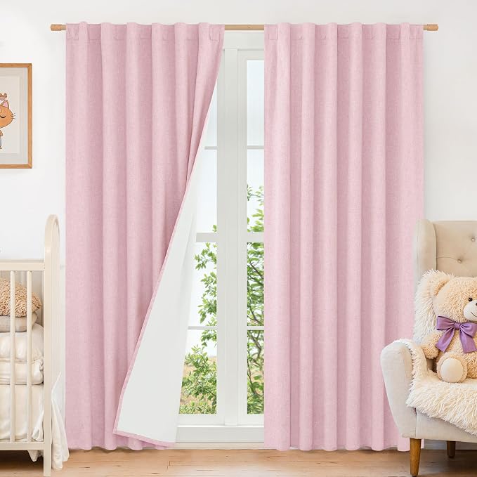 Pink 100% Blackout Linen Living Room Curtains 84 Inch 2 Panels | Privacy by LAMIT