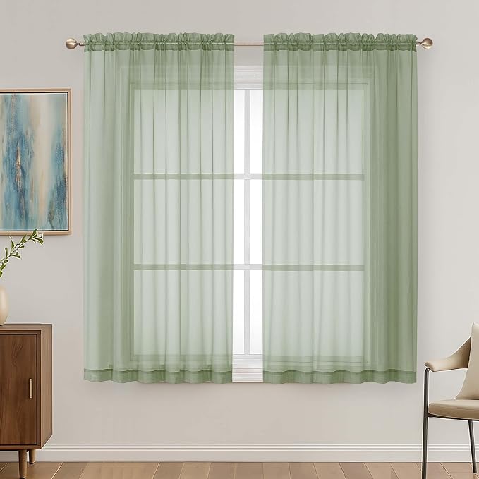 Sage Green Sheer Curtains 63 Inches Long 2 Panels Set, Light Filtering Sheer by OVZME