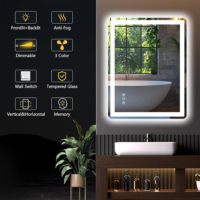 28x36 LED Bathroom Mirror with Front and Backlight, Anti-Fog, Dimmable, Lighted Bathroom Vanity Mirror for Wall, Shatter-Proof Led Mirror for Bathroom, Tempered Glass(Horizontal/Vertical)
