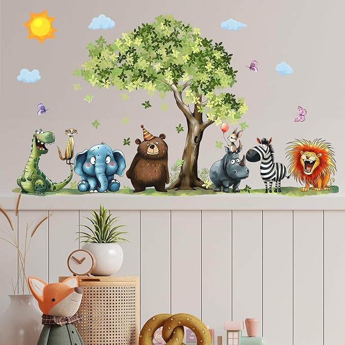 Jungle Animal Wall Stickers Forest Safari Wall Decals Kid Room Nursery Baby Bedroom Décor (Tree Cartoon Animals)