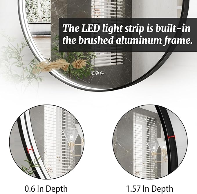 36 Inch Round LED Bathroom Mirror, Black Metal Framed Lighted Mirror for Bathroom, Wall Mouted LED Vanity Mirror with Lights, 3 Colors and Stepless Dimmable, Anti-Fog, Memory