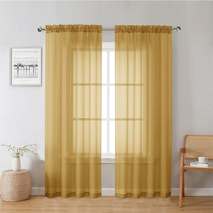 Gold Sheer Curtains 78 Inches Long 2 Panels, Breathable Solid Voile Light by Lecloud
