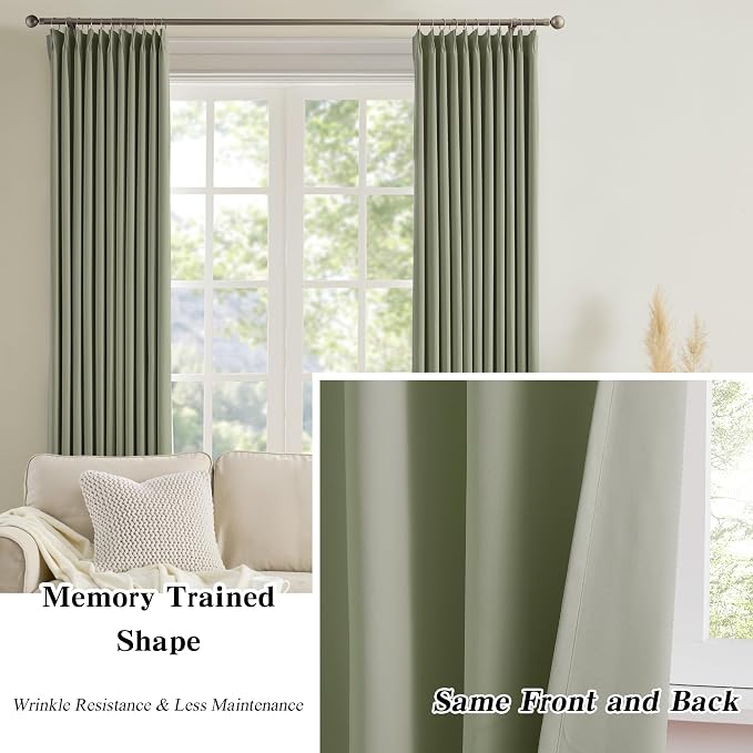 Sage Green Pinch Pleat Curtains 63 Inches Long Thermal Insulated Dark Black Out - Image 6