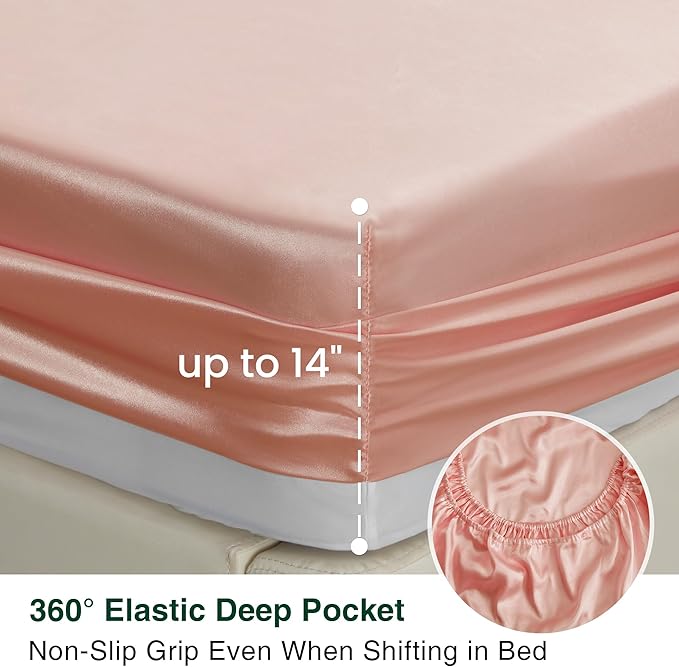 Love's cabin Full Size Satin Sheet Sets - 4 Piece Coral Silky Satin Sheet Set Full with Deep Pocket, Luxury Silk Feel Satin Bed Sheets Full Bedding Set (1 Flat Sheet,1 Fitted Sheet,2 Pillow Cases)