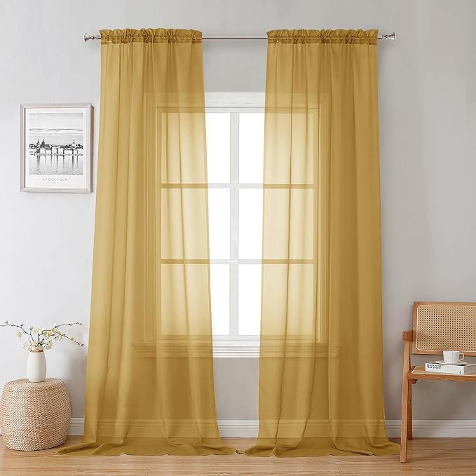 Gold Sheer Curtains 96 Inches Long 2 Panels, Breathable Solid Voile Light by Lecloud
