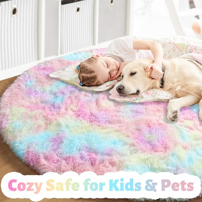 Amdrebio Rainbow Unicorn Pastel Circle Round Rug 4Ft - Image 2