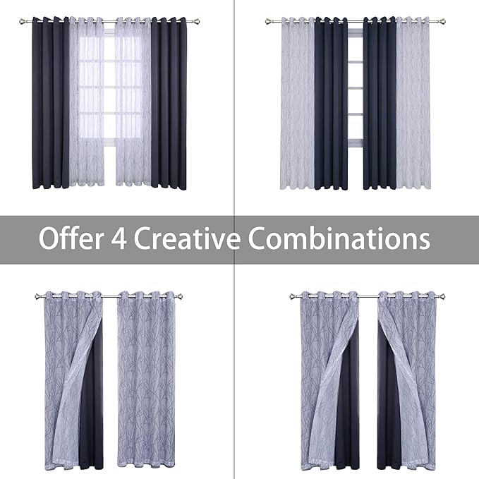 BONZER Mix and Match Curtains - 2 Pieces Branch Print Sheer Curtains and 2 Pieces Blackout Curtains for Bedroom Living Room Grommet Window Drapes, 54x63 Inch/Panel, Grey Dark, Set of 4 Panels
