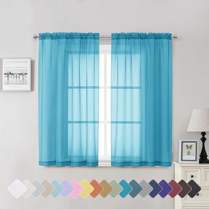 Turquoise Sheer Curtains 54 Inch Length 2 Panels, Light Filtering Voile Curtain by Lecloud