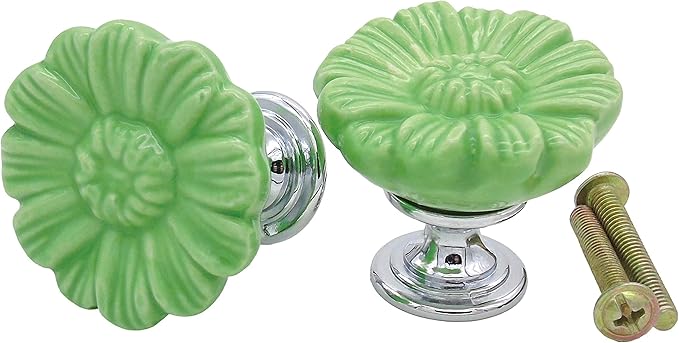 6PCS Vintage Floral Daisy Ceramic Dresser Drawer Knobs Elegant Cabinet Cupboard Door Hardware Pull Handles w/Screws Green