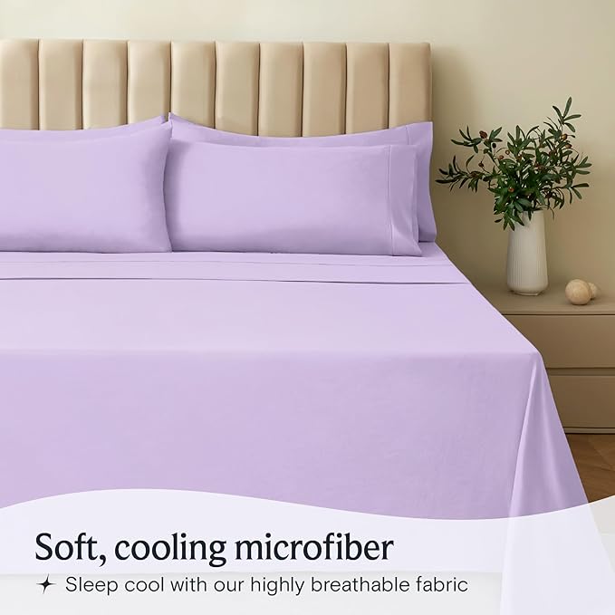 LuxClub 4 PC Queen Sheet Set, Deep Pockets Wrinkle Free Cooling Bed Sheets Hotel Bedding for Women, Men, Kids & Teens, Includes 1 Fitted Sheet, 1 Flat Sheet and 2 Pillowcases - Silky Soft Lavender