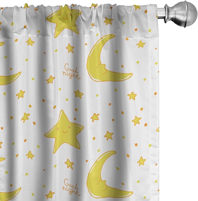 Ambesonne Yellow and White Curtains, Sleeping Crescent Moon and Stars Pattern Night Time Cartoon Illustration, Window Treatments 2 Panel Set for Living Room Bedroom, Pair of - 28" x 84", Pale Yellow