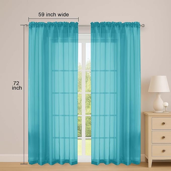 Turquoise Sheer Curtains 72 Inches Long 2 Panels Set, Transparent Voile Sheer - Image 2