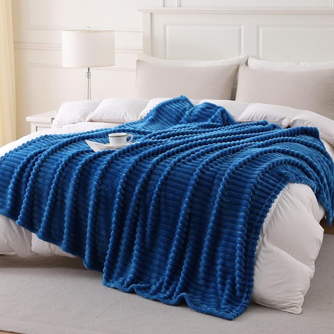 Classic Blue Throw Blanket for Couch Sofa 50"x60" Striped Design | Fleece - Image 4