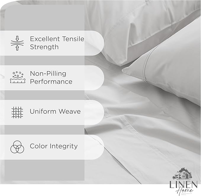 Linen Home 100% Cotton Percale Sheets California King Size, Silver, Deep Pocket, 4 Pieces Set - 1 Flat, 1 Deep Pocket Fitted Sheet and 2 Pillowcases, Crisp Cool and Strong Bed Linen