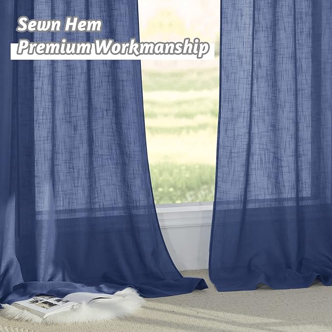RYB HOME Semi Sheer Curtains - Linen Textured Sheer Light Glare Filter Extra Long Curtains Backdrop for Living Room Patio Door French Door Wall Decor, Navy Blue, 52 x 120 in per Panel, 1 Pair