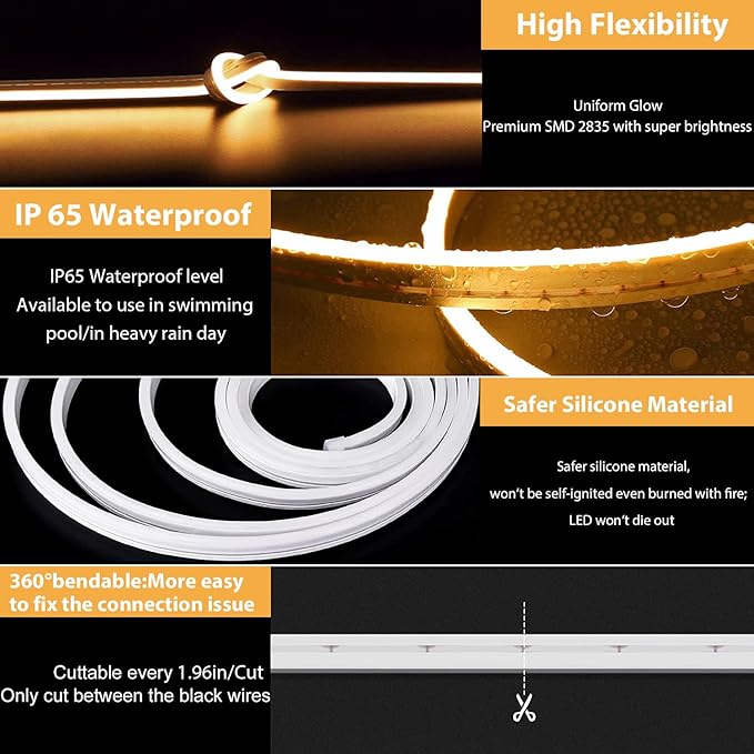 Lamomo LED Strip Lights, Tunable White Neon Rope Lights with Remote, 32.8Ft Dimmable 3000K-6000K Flexible Led Light Strip, Waterproof Silicone 24V Neon Lights for Bedroom Home Decor Warm White