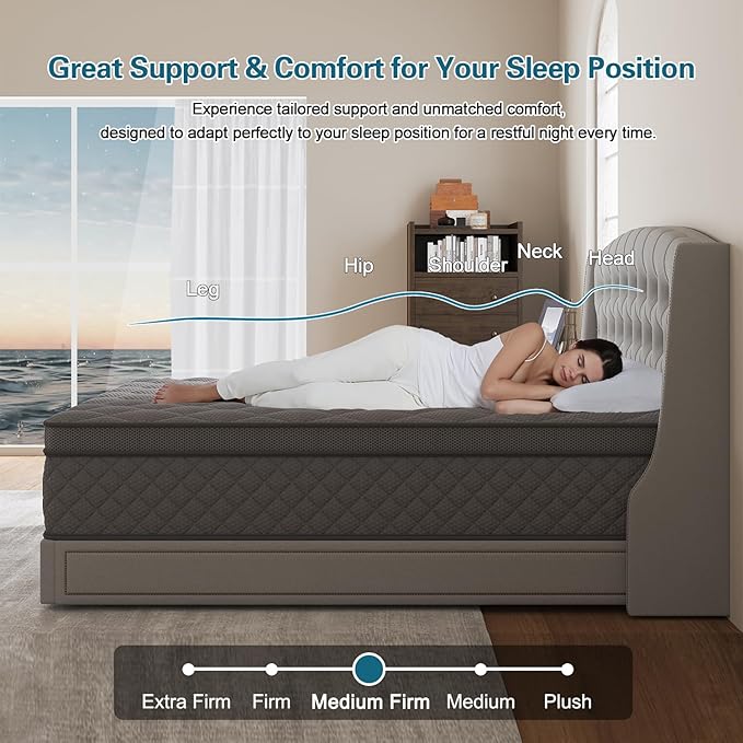 Queen Mattress, 14 Inch Hybrid Mattresses Grey Euro Top Medium Firm for Back & Lumbar Support, 100 Night Trial, Individual Pocket Spring Bed for Motion Isolation & Pressure Relief