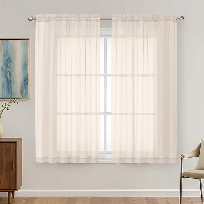 Cream Sheer Curtains 63 Inches Long 2 Panels Set, Light Filtering Sheer Curtains by OVZME