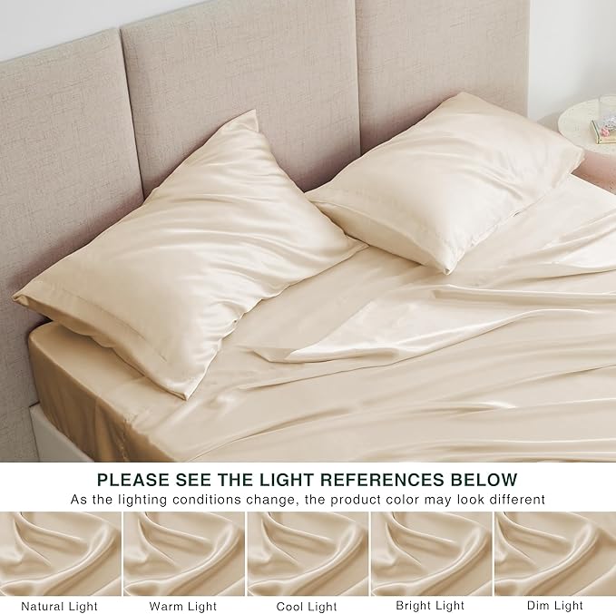 Love's cabin Satin Queen Sheets Set - 4 Piece Beige Silky Bed Sheets Set with Deep Pocket, Luxury Silk Feel Satin Queen Size Sheet Set (1 Flat Sheet,1 Fitted Sheet,2 Pillow Cases)