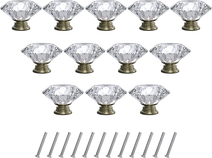 12-Pack Crystal Glass Cabinet Knobs for Home Decor, Vanity Drawers, Desks, Wardrobe Doors, Standard Screws Easy Installation for Home Refurbishment and Redecoration (Clear Crystal, 30mm, Bronze Base)