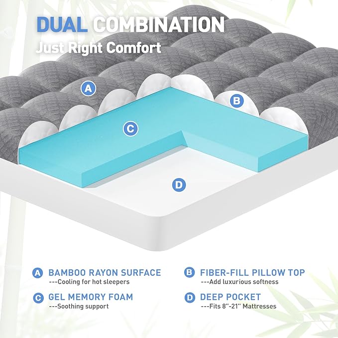 Dual Layer 3 Inch Memory Foam Mattress Topper King Size, 2 Inch Cooling Gel Memory Foam Plus 1 Inch Pillow Top Mattress Pad Cover, with 8-21 Inch Deep Pocket, Grey