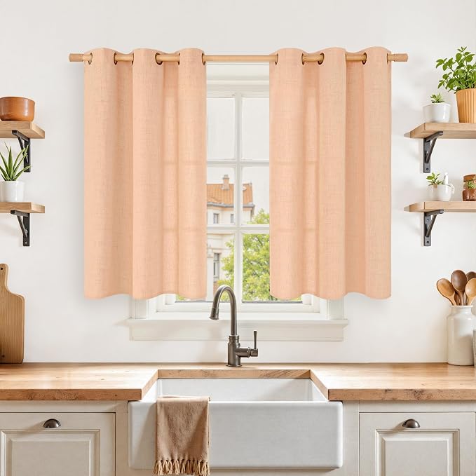 YoungsTex Peach Linen Curtains 40 Inches Long, Short Drapes by YoungsTex