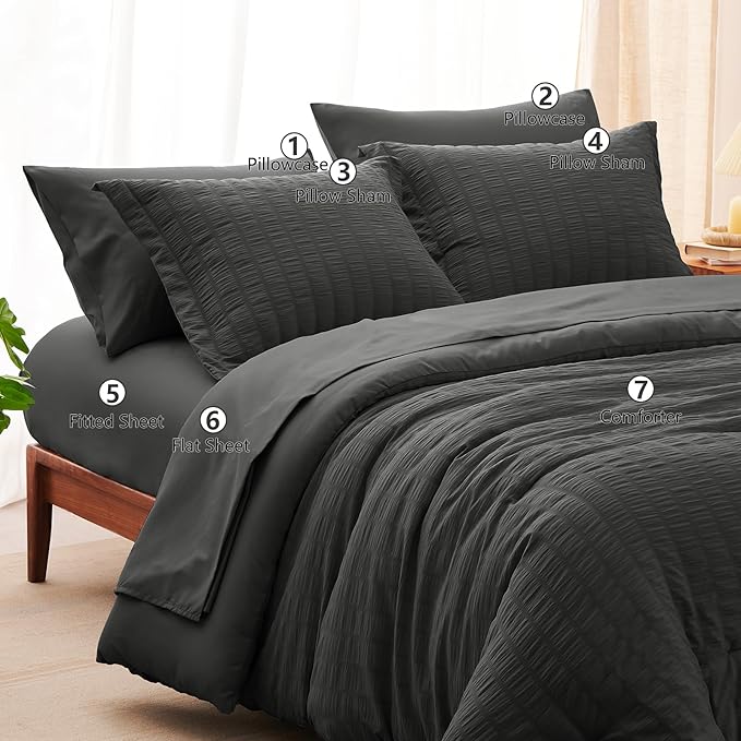 CozyLux Oversized King Comforter Set Dark Grey Seersucker 7 Pieces 120x98 Bed in a Bag Comforter Set with Sheets, Luxury Soft Bedding Sets with Down Alternative Comforter, Sheets, Pillowcases & Shams