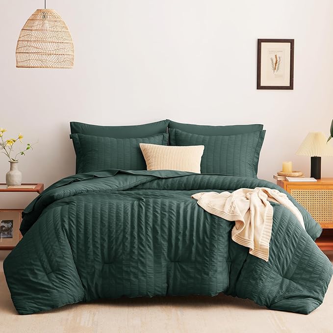 CozyLux Full Size Comforter Sets with Sheets Seersucker 7 Pieces Forest Green Bed in a Bag Textured Luxury Soft Bedding Set with Down Alternative Comforter, Sheets, Pillowcases & Shams for All Seasons