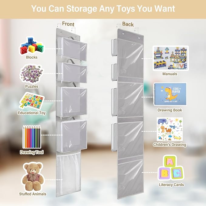 Hanging Toy Storage over Door, Block Stuffed Animal Organizer Idea with 4 Removable Case Bag, Bi-Fold Closet Holder with Mesh Pocket for Kid Boy Girl