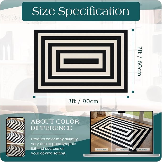 Front Door Mat Indoor Outside Entrance, 2x3 Modern Black White Rug | Non-Slip - Image 2