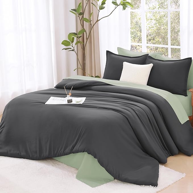 Litanika Comforter Set Dark Grey Oversized King Size, 3 Pieces Lightweight Solid Bedding Comforter Set, All Season Fluffy Bed Set (120x98In Comforter & 2 Pillowcases)