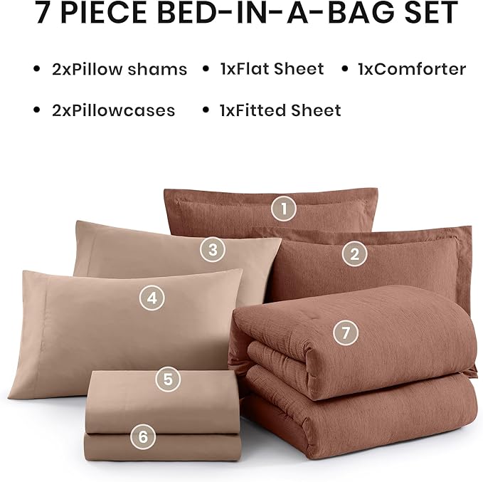 Monbix King Size Comforter Set, Terracotta King Size Bed Set Reversible, King Comforter Set 7 Pieces, Cationic Dyeing Bed in a Bag with Comforter, Sheets, Pillowcases & Shams