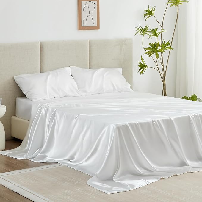 Love's cabin Satin King Sheet Sets - 4 Piece White Silky Sheets King Size Bed Set with Deep Pocket, Luxury Silk Feel King Size Satin Sheet Set (1 Flat Sheet,1 Fitted Sheet,2 Pillow Cases)