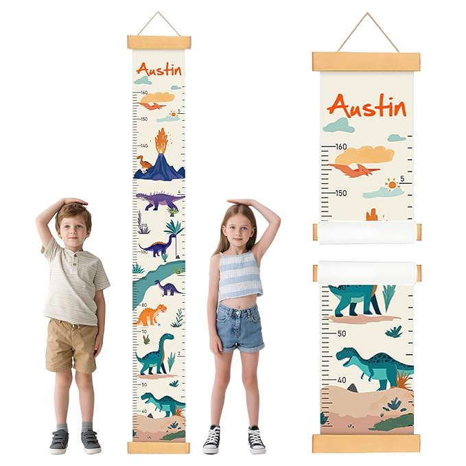 Personalized Name Growth Chart for Kids, Dinosaur Canvas Height Growth Chart, Kids Measuring Chart for Wall, Kids Room Wall Decor, Removable & Waterproof Growth Chart Ruler