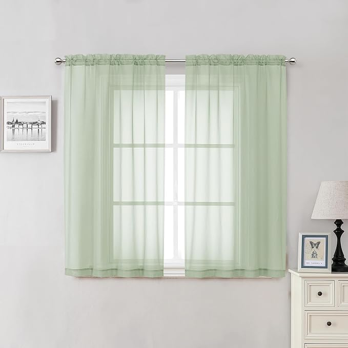 Light Green Sheer Curtains 54 Inch Length 2 Panels, Voile Bedroom Curtains by Lecloud