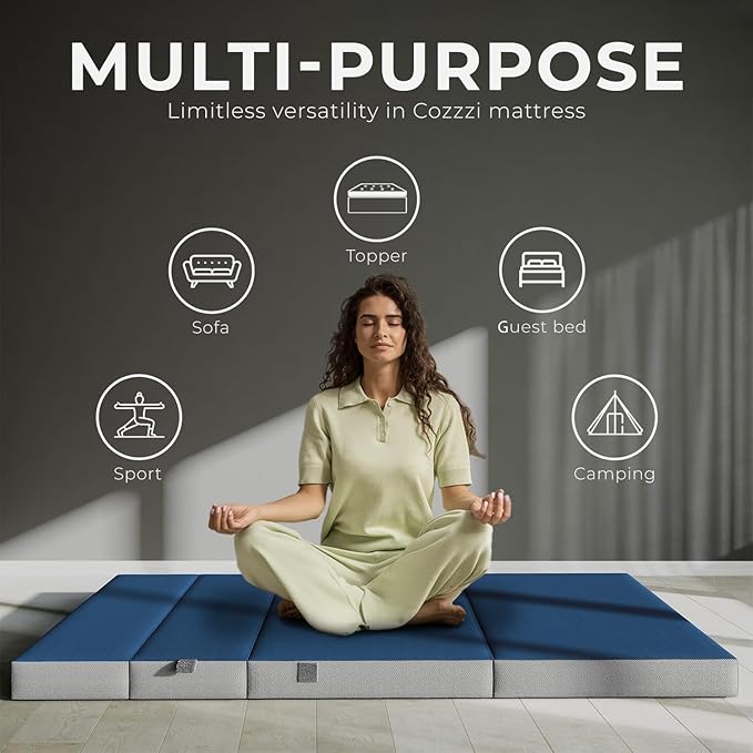 Cozzzi Foldable Mattress Queen Size for Floor and Traveling with Removable Cover - Lightweight and Portable Folding Mattress for Adults & Kids - Compact and Easy to Storage - Navy (75in x 58in x 4in)
