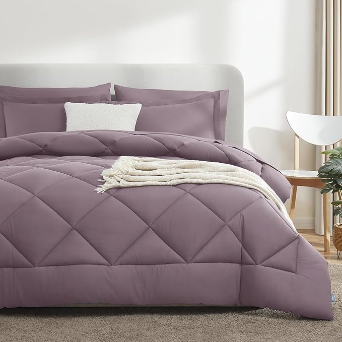 CozyLux King Size Comforter Set Dusty Purple - 7 Pieces Bed in a Bag King, Soft Bed Set for All Seasons, Bedding Set with Down Alternative Comforter, Sheets, Pillowcases & Shams, Grayish Purple