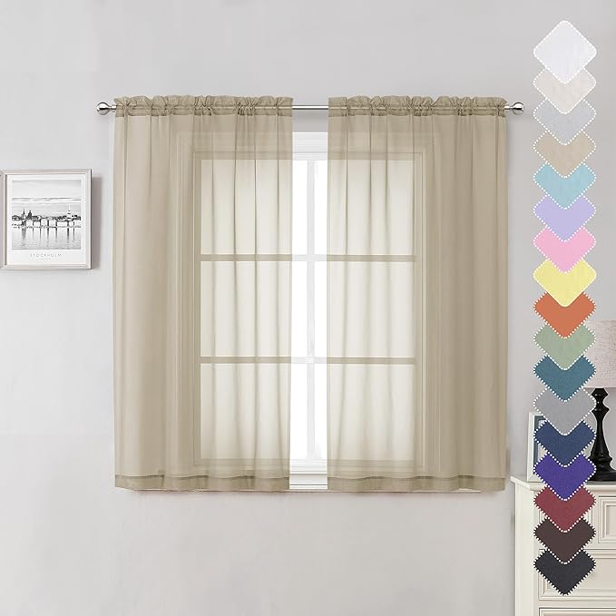 Taupe Sheer Curtains 54 Inch Length 2 Panels Set, Balance Light & Privacy Solid by Lecloud