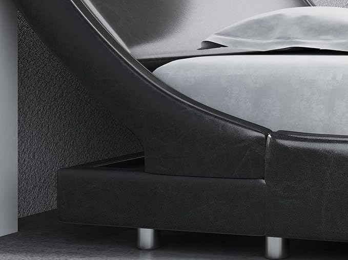 SHA CERLIN Modern Low Profile Platform Bed Frame King Size, Stylish Faux Leather Upholstered Sleigh Bed with Ergonomics Headboard, No Box Spring Needed, Glossy Black