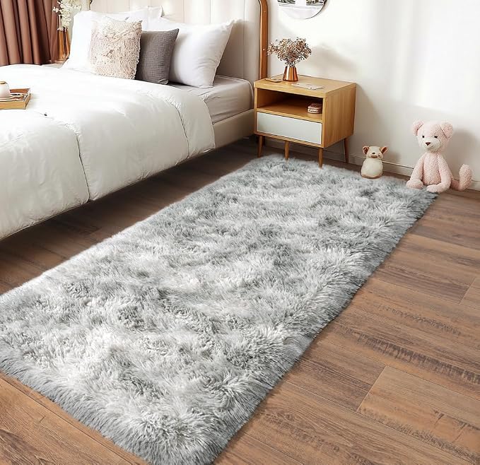 Pionblank Fluffy Runner Rugs for Bedroom 2x6, Tie Dye Grey | Modern Shaggy Area - Image 2